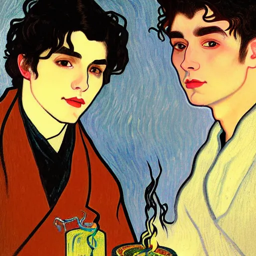 Image similar to painting of young cute handsome beautiful dark medium wavy hair man in his 2 0 s named shadow taehyung and cute handsome beautiful min - jun together at the halloween party, bubbling cauldron, candles, smoke, tarot, autumn colors, elegant, stylized, soft facial features, delicate facial features, art by alphonse mucha, vincent van gogh, egon schiele