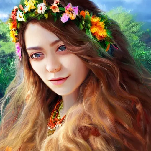 Image similar to oil painting portrait of a long haired fluffy cat wearing flower crown and lei necklace on tropical island background digital art, concept art, highly detailed, 3-D 4k, trending on art station, Mark Brooks,