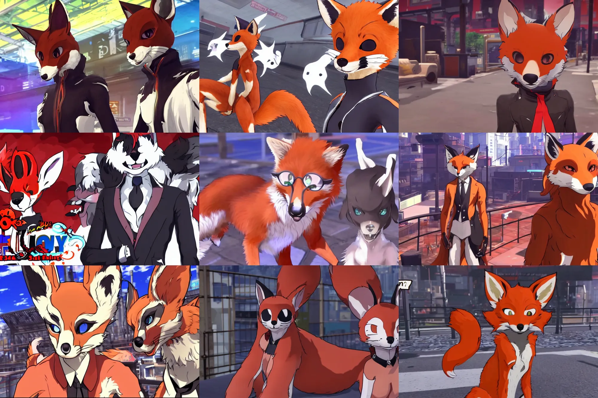 Prompt: a furry tan fox fursona, in persona 5 video game