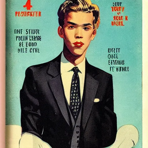 Prompt: “Austin Butler portrait, color vintage magazine illustration 1950”