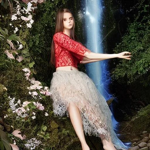 Image similar to cute cybernetically - enhanced young model in nature wearing valentino 2 0 1 6 spring floral lace patterned sheer skirt lounging by a mystical holo waterfall, wide - shot