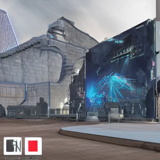 Image similar to sci-fi wall structure on the coronation of napoleon painting and digital billboard in the middle, unreal engine 5, keyshot, octane, artstation trending, ultra high detail, ultra realistic, cinematic, 8k, 16k, in style of zaha hadid, in plastic, dark, tilt shift,