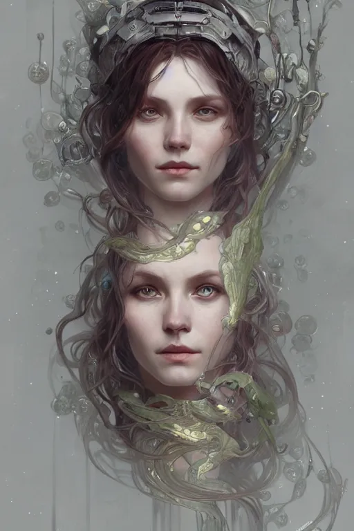 Image similar to A full portrait of a scifi nordic dryad, intricate, elegant, highly detailed, digital painting, artstation, concept art, smooth, sharp focus, illustration, art by Krenz Cushart and Artem Demura and alphonse mucha