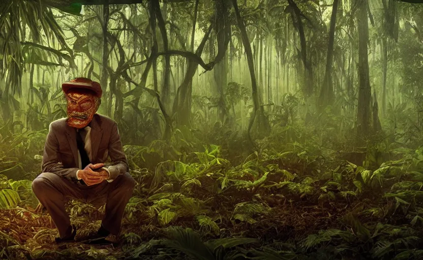 Prompt: snake oil saleman demigod with neon green mask in a swampy jungle landscape, visible sky and humid atmosphere, the salesman's dream by alejandro jodorowsky and denis villeneuve, kodakchrome, cinematic composition, practical effects, 8 k