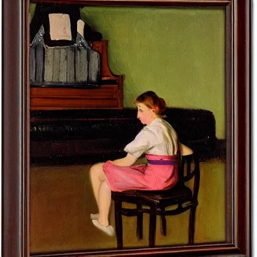 Image similar to a portrait of a girl leaning over tha back of a chair, behind her is a piano, by john french sloan