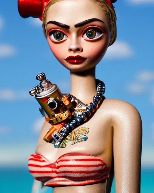 Image similar to closeup face profile portrait of a tin toy retro 1 9 5 0 s cara delevingne, bikini, depth of field, zeiss lens, fashion photoshoot by nicoletta ceccoli, mark ryden, lostfish, breathtaking, detailed and intricate environment, 8 k resolution, extremely detailed, beautiful, establishing shot, artistic, hyperrealistic, octane render