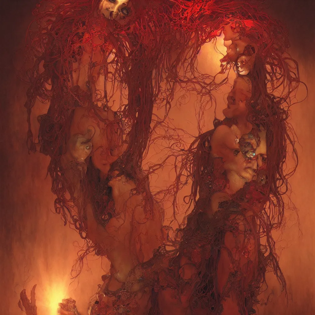 Image similar to bella poarch by chris mars and beksinski, red veins by alphonse mucha, intense lighting, light beams, lens flare, intricate, elegant, nightmare, highly detailed, digital painting, artstation, concept art, smooth, sharp focus, illustration