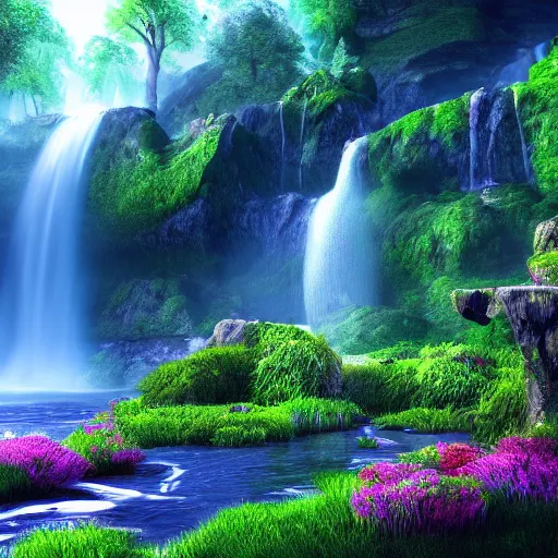 Prompt: fantastic landscape with waterfall high resolution beautiful lighting vivid colors unreal engine, 4 k wallpaper