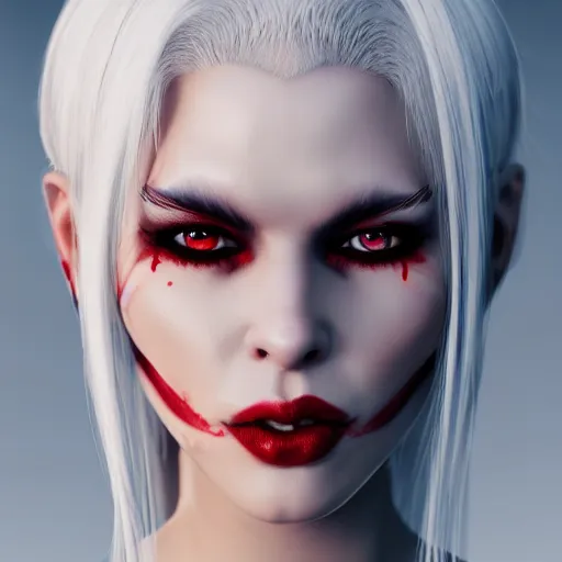 Prompt: a highly detailed portrait of a humanoid demon girl with white hair, red horns, in white clothes, red eyes, artstation, deviantart, professional, unreal engine 5, photorealistic