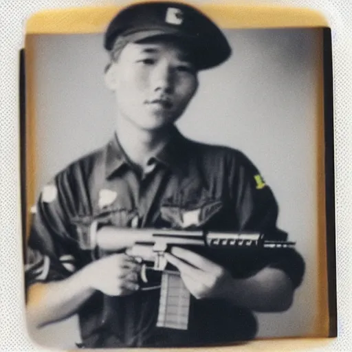 Image similar to “ a hamster holding a hamster sized m 1 6, portrait photo, vietnam war photograph, polaroid ”