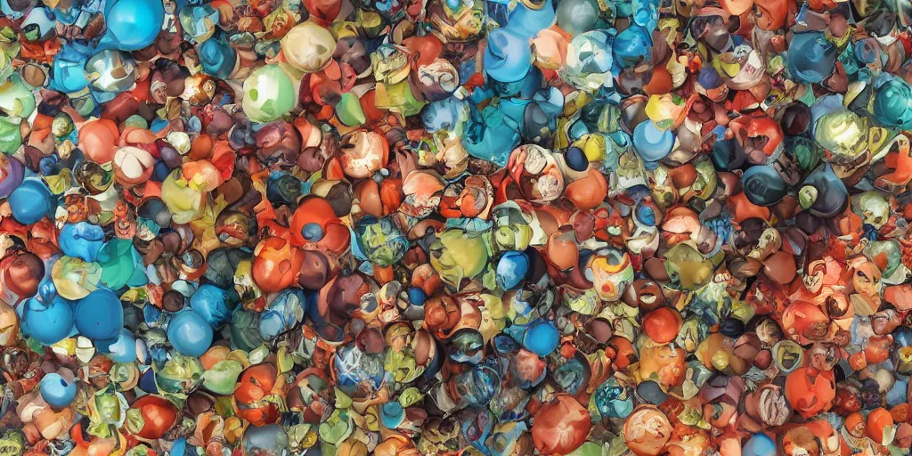 Image similar to 3 6 0 panorama escher style pattern of colorful balls, sculpture in the ancient greek style with the texture of old rust