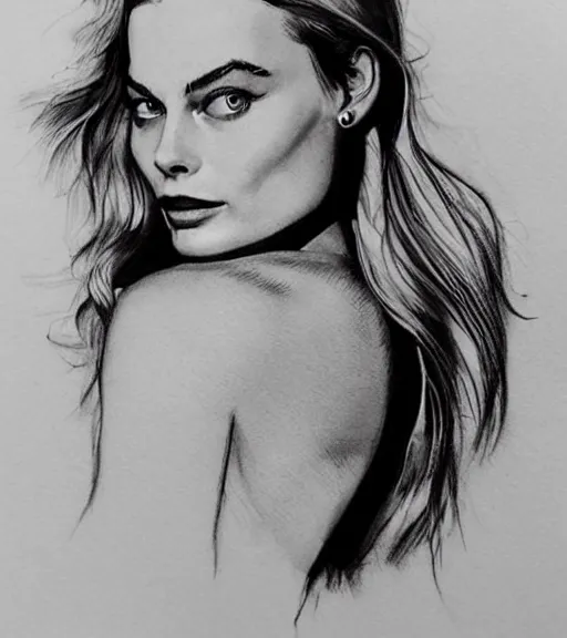Image similar to tattoo design sketch of margot robbie and beautiful mountain scenery mash up, in the style of matyas halasz, surrealist, amazing detail, sharp
