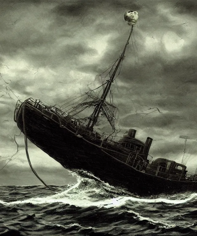 Prompt: realistic photo of a 1 9 2 5 seiner sailing near a small tropical skull shaped island, dark, brooding, atmospheric, lovecraft, horror, smooth, epic, highly detailed, cinematic, by clyde caldwell