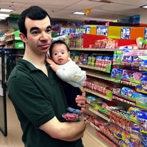 Image similar to Nathan fielder holding a baby in a 7 eleven,