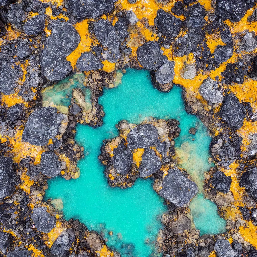 Image similar to golden boulders, black volcanic rock with colorful pools of bright milky paint, birds eye view