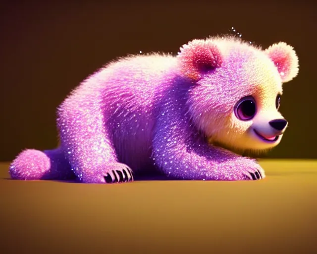 Prompt: a cute cute baby bear cub, big eyes, soft scale texture, pastel colours, colorful, shiny glitter crystals, cute, adorable, pixar animation style, detailed, soft light, octane render, cute, 4 k,