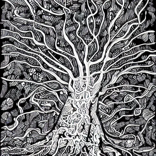 Prompt: black and white ink doodle illustration of an ancient tree floating in outer space, overgrown with funghi, style by peter deligdisch, peterdraws