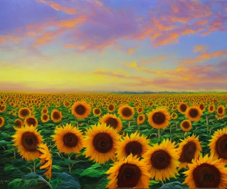 Prompt: sunflowers, william henrits, hovik zohraybyan, oil painting, bright colors, pink skies, sunrise, peaceful, serene, joy