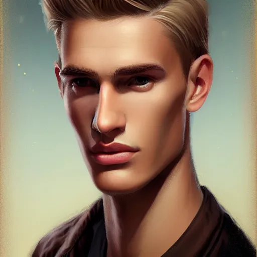 Image similar to tall man in his twenties with brown blond short quiff hair and thin slightly round facial structure with cleft chin, straight eyebrows and prominent nose, good definition of cheekbones, big hazel nut brown eyes, narrow face, slim body, atmospheric lighting, painted, intricate, 4 k, highly detailed by charlie bowater