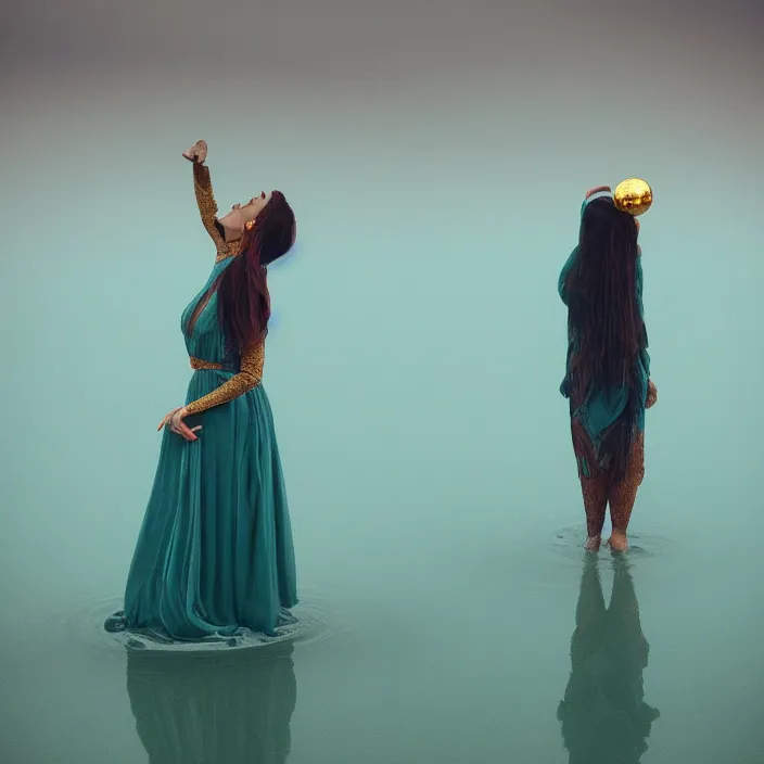 Prompt: a color photograph, closeup portrait of three women wrapped in gold, standing next to a levitating turquoise orb, in a foggy lake, color photograph, by vincent desiderio, canon eos c 3 0 0, ƒ 1. 8, 3 5 mm, 8 k, medium - format print