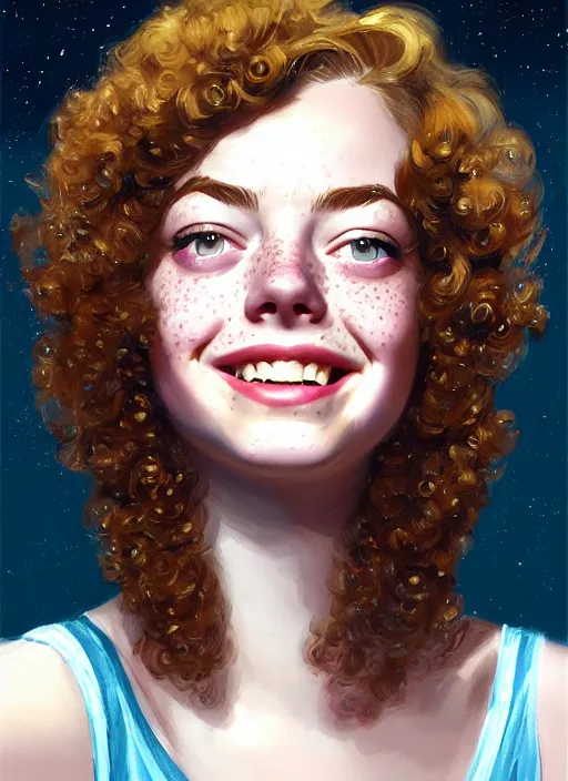 Image similar to portrait of teenage emma stone, freckles, curly middle part haircut, curly hair, smiling kindly, friendly, 1 9 5 0 s, intricate, elegant, glowing lights, highly detailed, digital painting, artstation, concept art, smooth, sharp focus, illustration, art by wlop, mars ravelo and greg rutkowski