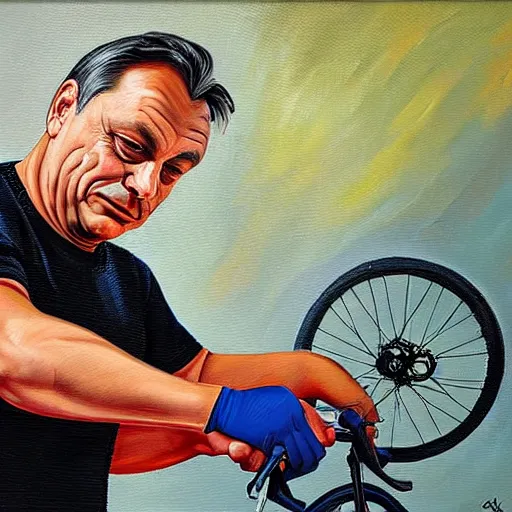 Image similar to viktor orban repairing a bicycle, oil painting