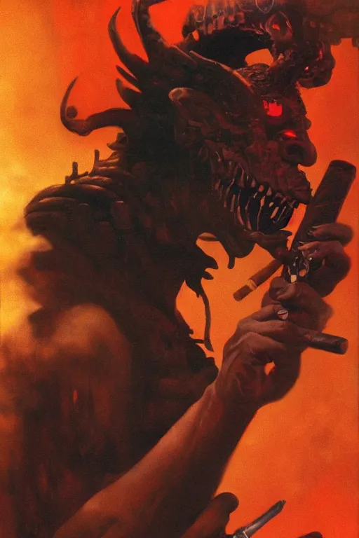 Image similar to A demon smoking a cigar in a cyberpunk setting, by Frank Frazetta, dramatic lighting, 1980s colours, as trending on Artstation, highly detailed,