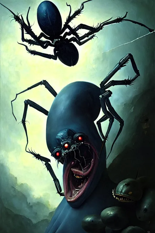 Prompt: hieronymus bosch, greg rutkowski, anna podedworna, painting of a dark blue skinned elf screaming as it transforms into a spider demon