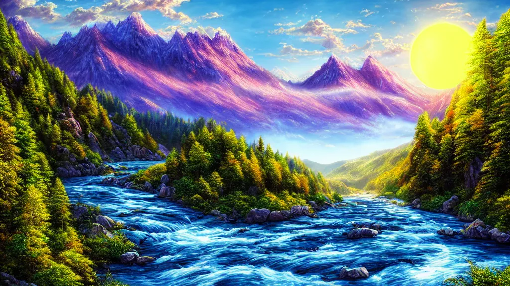 Prompt: a photorealistic portrait, stunningly beautiful colorful fantasy landscape, professionally retouched, soft lighting, hyper realistic, hyper detailed river, mountains, deciduous trees, beautifully detailed bright blue sky, big sun, wide angle, sharp focus, 8 k high definition, 6 4 megapixels, insanely detailed, stunningly beautiful