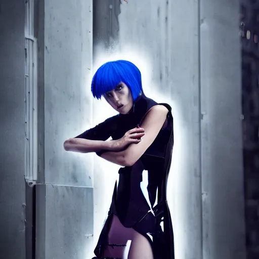 Prompt: a ghost in the shell inspired full shot photographic portrait of a woman in a complex top model pose wearing top urban futuristic fashion clothing