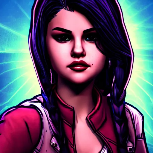 Image similar to selena gomez portrait, borderlands, tales from the borderlands, the wolf among us, comic, cinematic lighting, studio quality, 8 k