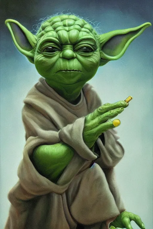 Prompt: a beautiful painting of Yoda on a bad drug trip by Michael Whelan