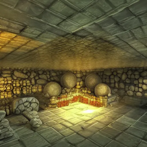 Image similar to a fantasy render of vast underground treasure room.