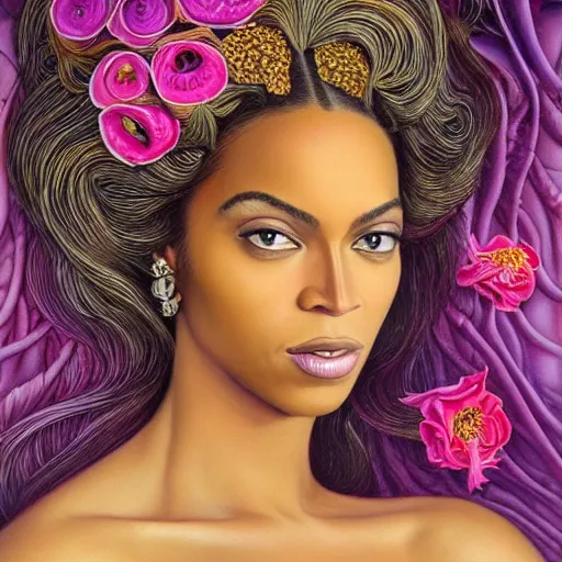 Image similar to facial portrait of Beyonce as a young pretty woman in flowing dress, arrogant, mysterious, long fine flowing hair, delicate, looking at camera, slightly awkward smile, realistic face, no hands visible, intricate, stylish, elegant, grimdark fantasy, flowers, extremely detailed painting by Martine Johanna and Ernst Haeckel and Greg Rutkowski