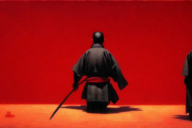 Image similar to only with red, a red samurai harakiri, tokio, a lot of frogs watch, in the style of beksinski, parts by edward hopper, parts by rodcenko, parts by yue minjun, intricate and epic composition, red by caravaggio, insanely quality, highly detailed, masterpiece, red light, artstation, 4 k