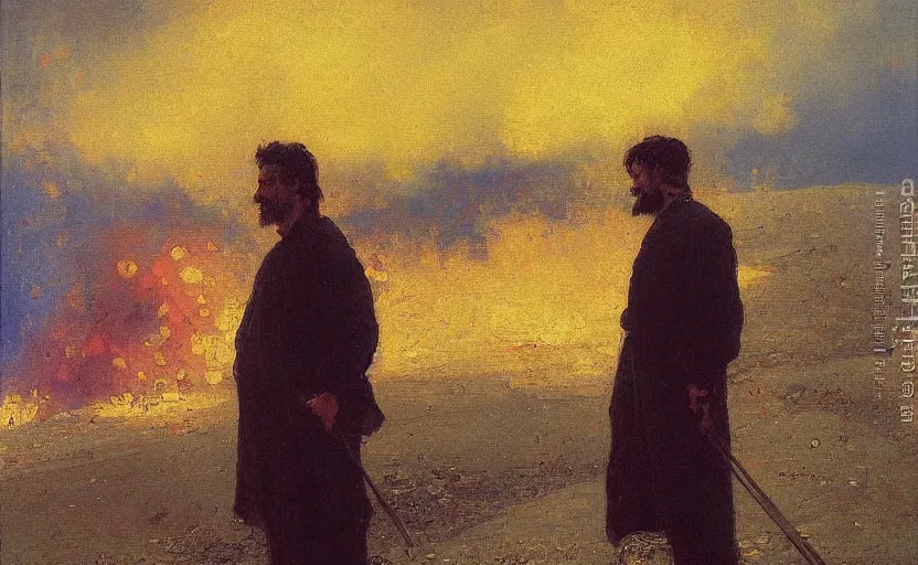 Prompt: high quality high detail painting by ilya repin, man standing in front of huge fire, hd
