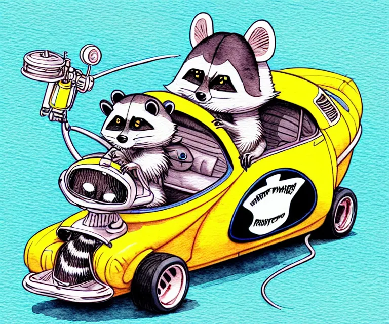 Image similar to cute and funny, racoon wearing a helmet riding in a tiny hot rod coupe with oversized engine, ratfink style by ed roth, centered award winning watercolor pen illustration, isometric illustration by chihiro iwasaki, edited by range murata