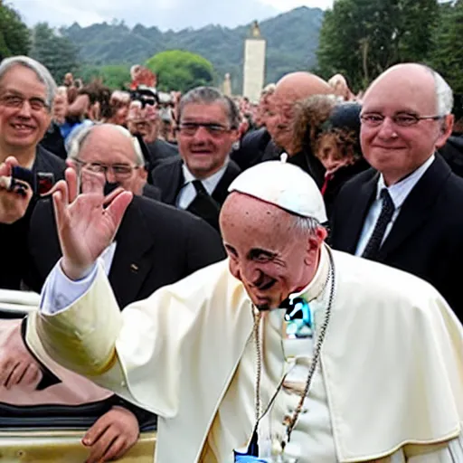 Image similar to pope francis visits animal crossing village with his popecar