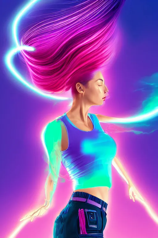 Image similar to a award winning half body portrait of a beautiful woman in a croptop and cargo pants with ombre purple pink teal hairstyle with head in motion and hair flying, surrounded by whirling illuminated lines, outrun, vaporware, shaded flat illustration, digital art, trending on artstation, highly detailed, fine detail, intricate