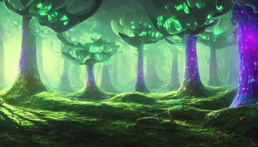 Image similar to a fluorescent giant mushrooms forest, beautiful crystal deposits glowing on the floor, in style of laurel d austin, 2 d art, concept art, fantasy, high detail, trending on artstation