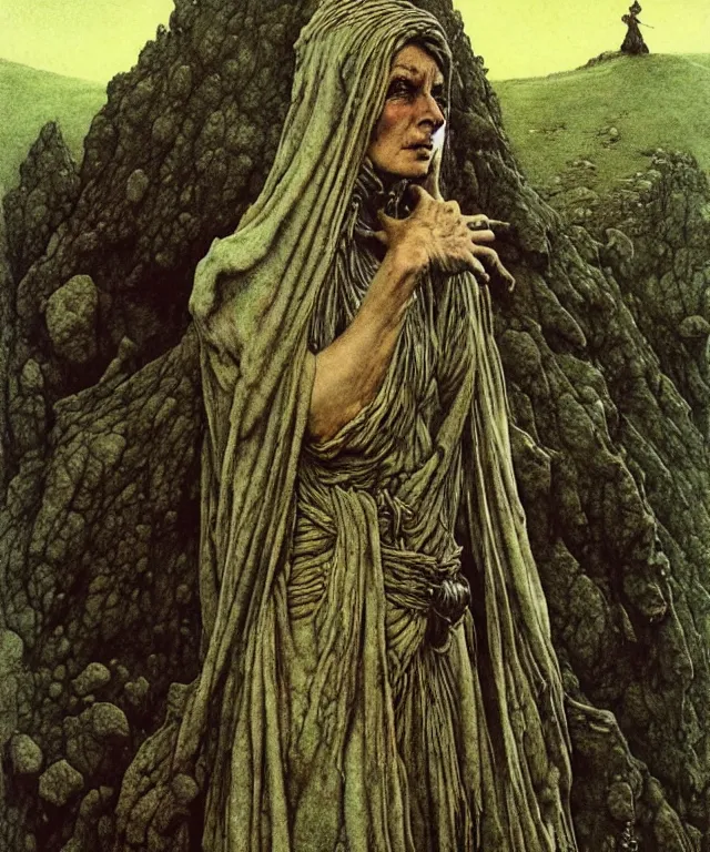 Image similar to A detailed semisnake-semiwoman stands among the hills. Wearing a ripped mantle, robe. Extremely high details, realistic, fantasy art, solo, masterpiece, art by Zdzisław Beksiński, Arthur Rackham, Dariusz Zawadzki