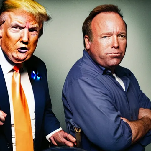 Prompt: TV show still of donald trump and alex jones together jail photograph, sitcom, natural light, sharp, detailed face, magazine, press, photo, Steve McCurry, David Lazar, Canon, Nikon, focus