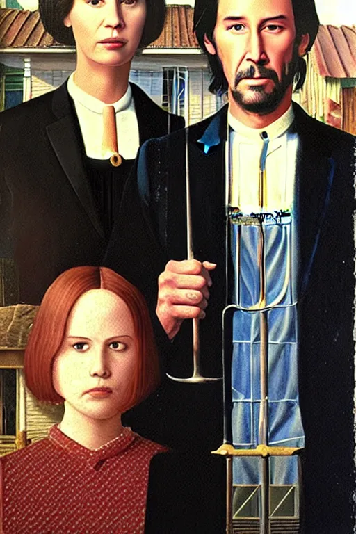 Image similar to painting of Keanu Reeves and Jennifer Lawrence as the couple in American Gothic in the style of Grant Wood