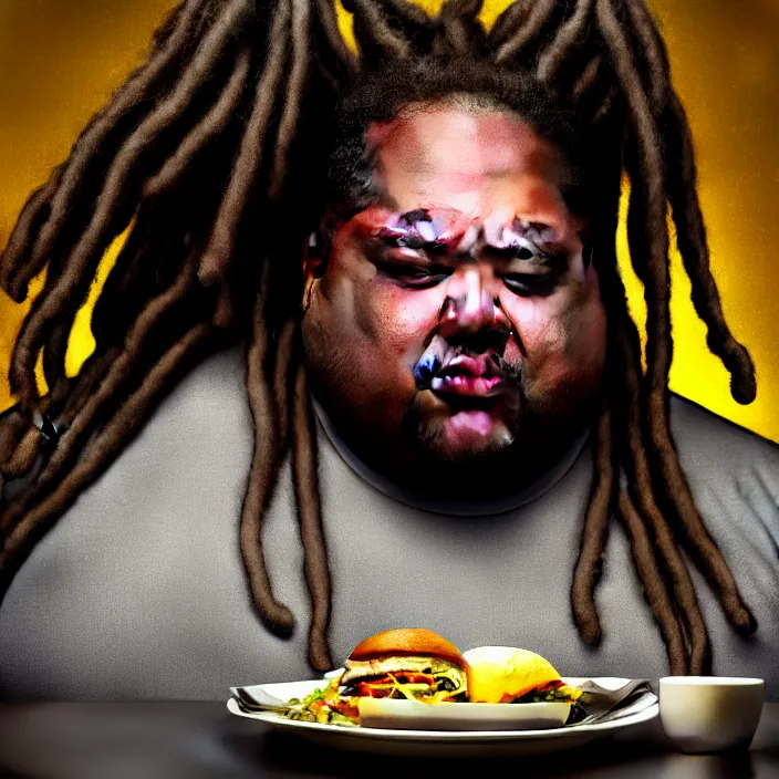 Image similar to hyperrealistic mixed media portrait of a moridly obese black man with dreads being sitting alone at a restaurant, depressing and hopeless vibe, stunning 3d render inspired art by P. Craig Russell and Barry Windsor-Smith + perfect facial symmetry + dim volumetric lighting, 8k octane beautifully detailed render, post-processing, extremely hyperdetailed, epic composition, grim yet sparkling atmosphere, cinematic lighting + masterpiece, trending on artstation