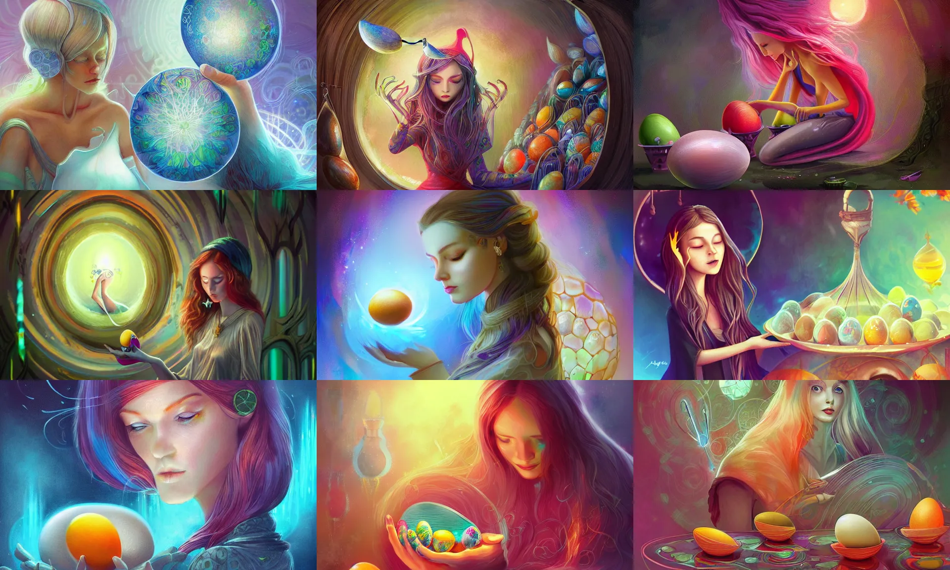 Prompt: Pensive Wizard examines eggs with calipers, vibrant digital 2d fantasy art by Anna Dittman