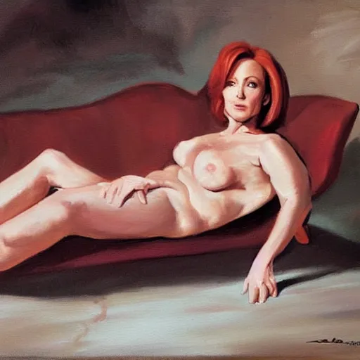 Image similar to dana scully on a chaise lounge, oil on canvas, highly detailed, masterpiece, art by rubens