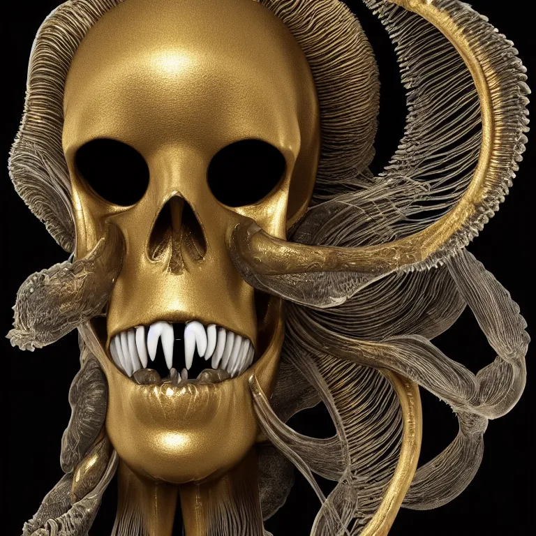 Image similar to black background. absolutely symmetrical sculpture. centered. goddess princess face close-up portrait ram skull. sculpture made of gold and black charcoal. jellyfish phoenix head, nautilus, orchid, skull, betta fish, bioluminiscent creatures, intricate artwork by Tooth Wu and wlop and beeple. octane render, trending on artstation, greg rutkowski very coherent symmetrical artwork. cinematic, hyper realism, high detail, octane render, 8k