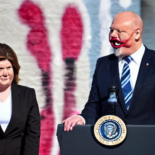 Prompt: a president with clown bulldog face in a podium next to an angry first minister