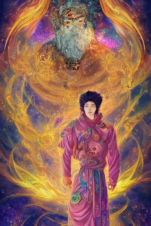 Prompt: god of the universe, korean mythology, a ornate fractal cloud full body with intricate details and interweaving geometric shapes, portrait symetrical, layers of clothing, gold trimmings, galaxies and nebula flowing out of his body, artgerm, psychedelic floral planets, studio ghibli painterly style, trending on artstation, tarot card