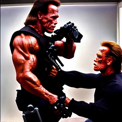 Image similar to uhd photorealisitc candid photo of arnold schwarzenegger begging a terminator not to kill him. hyperdetailed, accurate, studio lighting. photo by annie leibowitz and steve mccurry